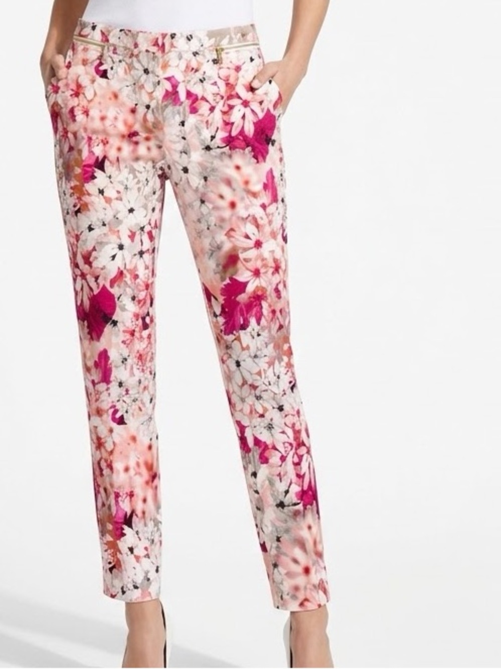 CALVIN KLEIN Stretchy Pink & White Floral Straight Leg Pants Trousers — #LHP